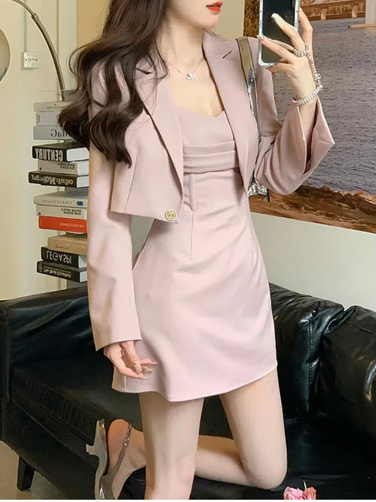 Elegant Blazer Coat And Strap Dress Two Piece Dress