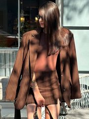 Elegant Blazer With High Waist Mini Skirt Loose Stripe 2 Piece Sets