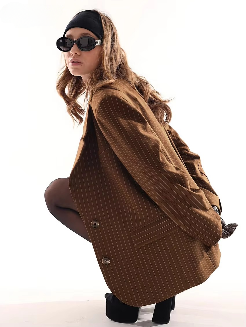 Elegant Blazer With High Waist Mini Skirt Loose Stripe 2 Piece Sets