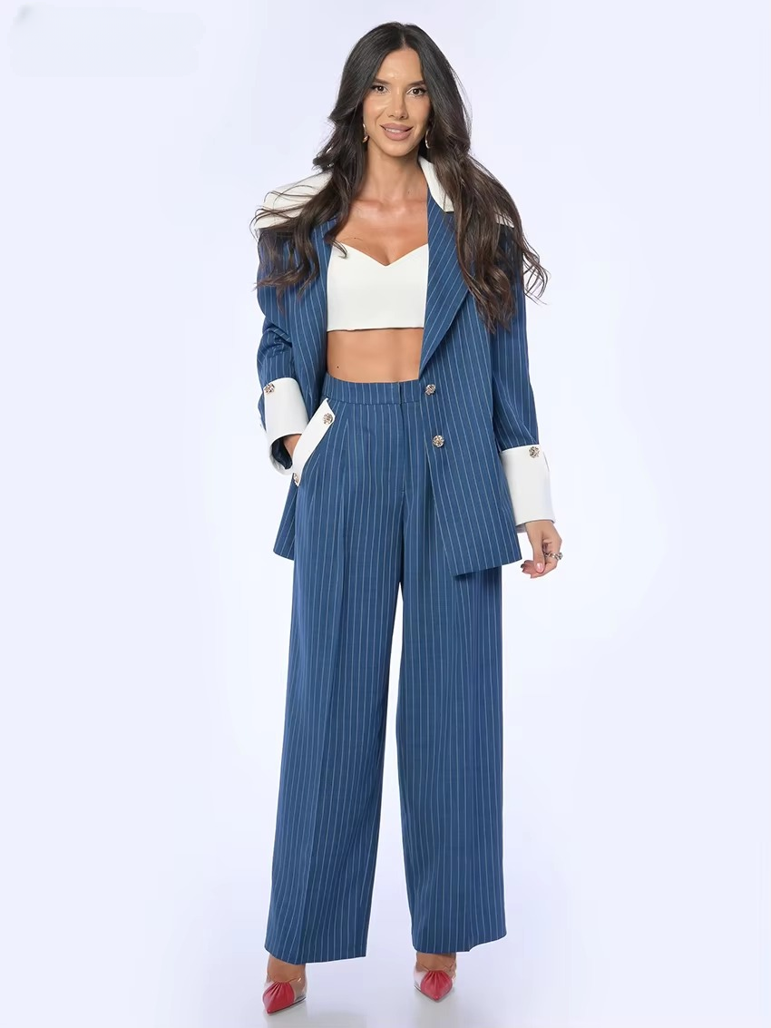 Formal Stripe Blazer And Patchwork Trousers 2 Pieces Set