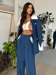 Formal Stripe Blazer And Patchwork Trousers 2 Pieces Set
