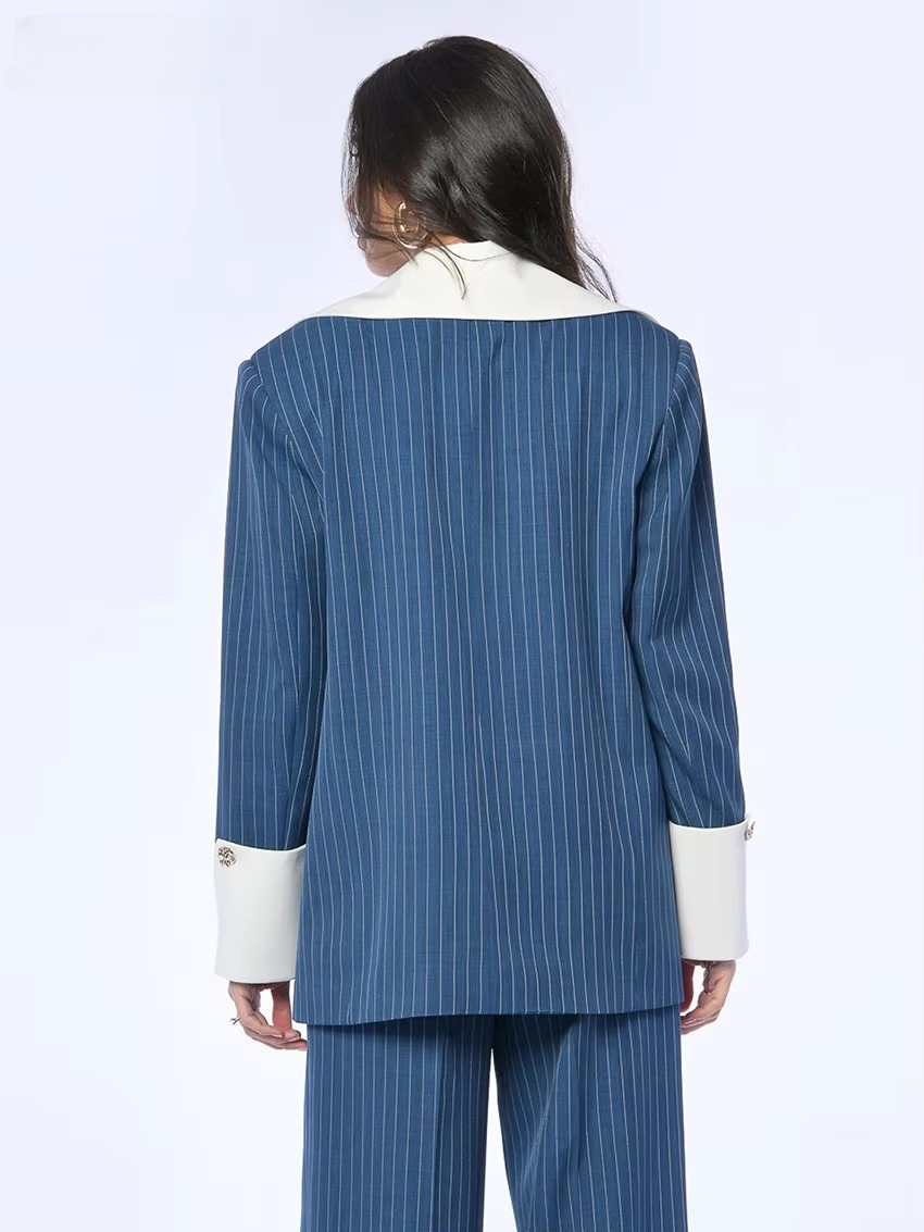 Formal Stripe Blazer And Patchwork Trousers 2 Pieces Set