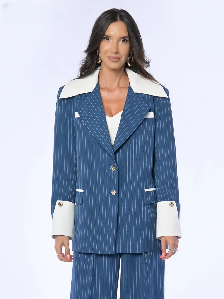 Formal Stripe Blazer And Patchwork Trousers 2 Pieces Set