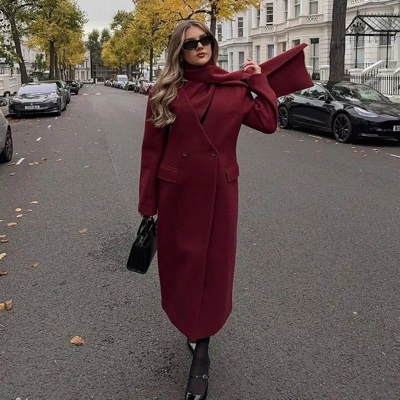 Elegant Button Full Sleeve Double Breasted Coats With Scarf