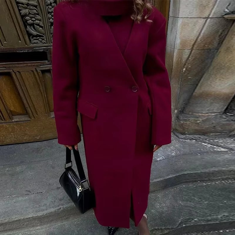 Elegant Button Full Sleeve Double Breasted Coats With Scarf