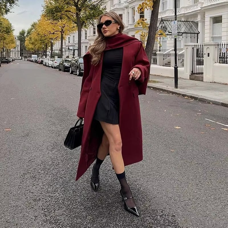 Elegant Button Full Sleeve Double Breasted Coats With Scarf