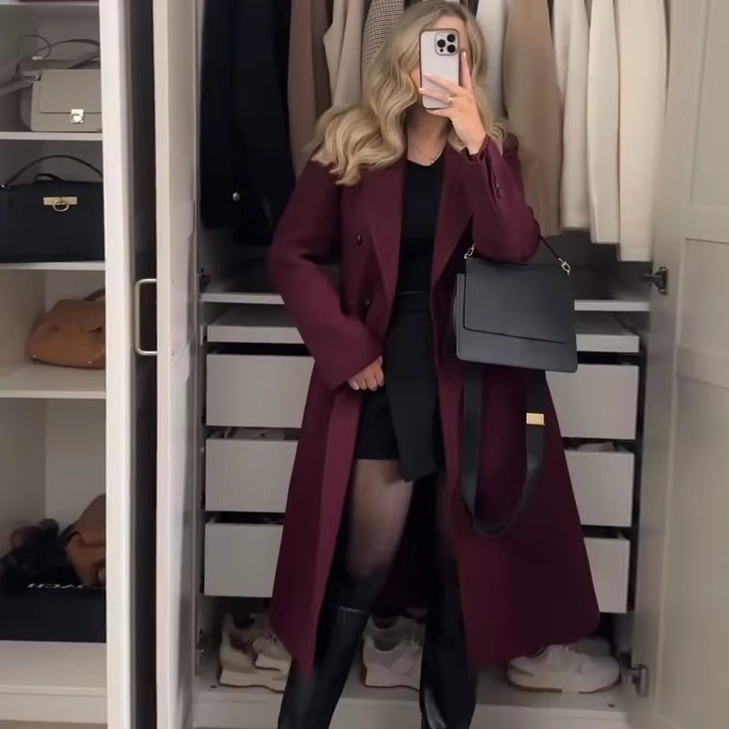 Elegant Button Full Sleeve Double Breasted Coats With Scarf