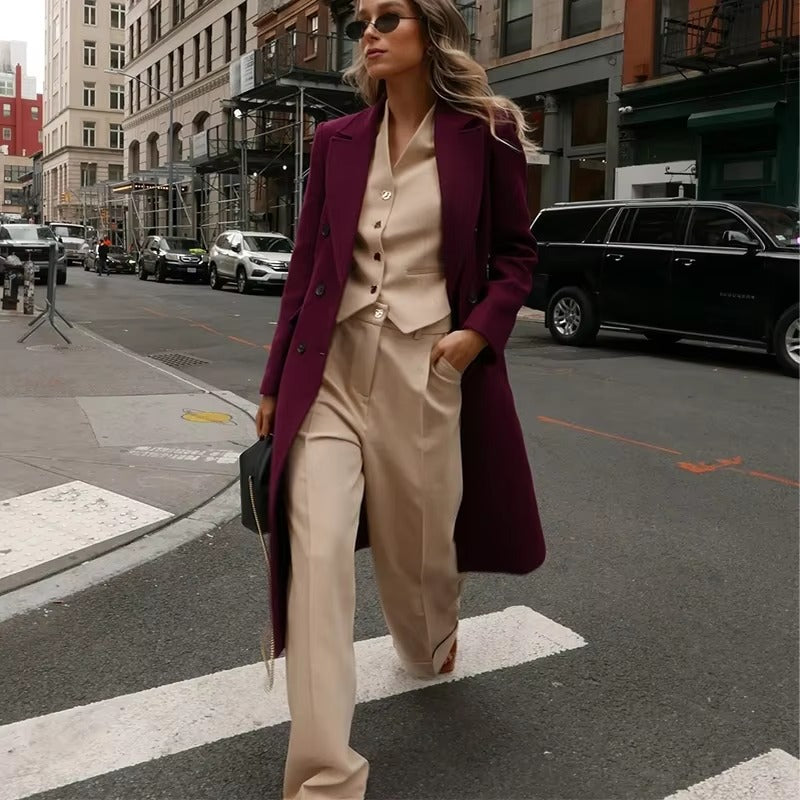 Elegant Button Full Sleeve Double Breasted Coats With Scarf