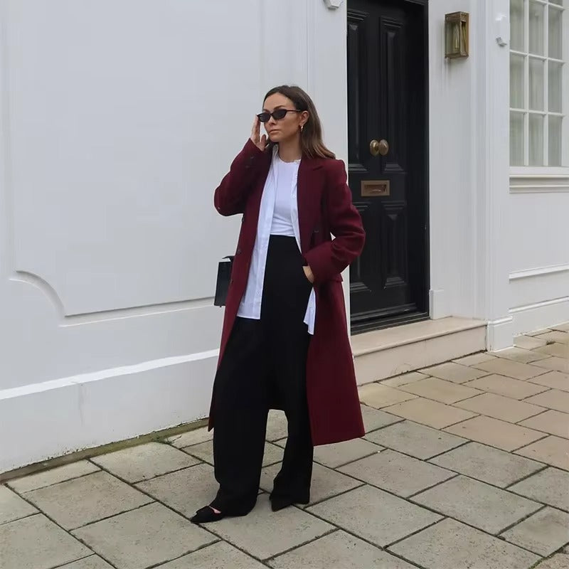 Elegant Button Full Sleeve Double Breasted Coats With Scarf
