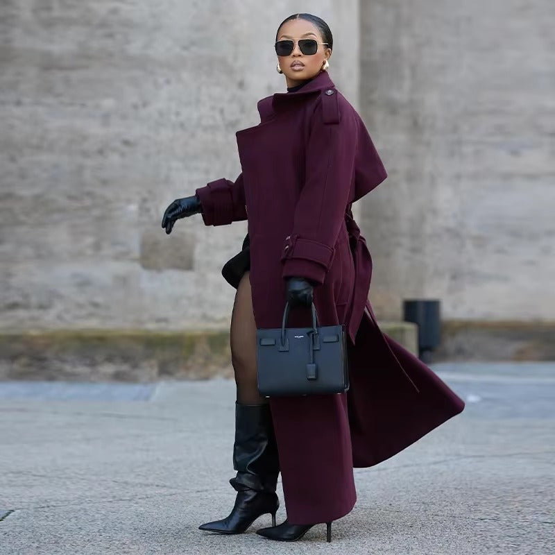 Elegant Button Full Sleeve Double Breasted Coats With Belt