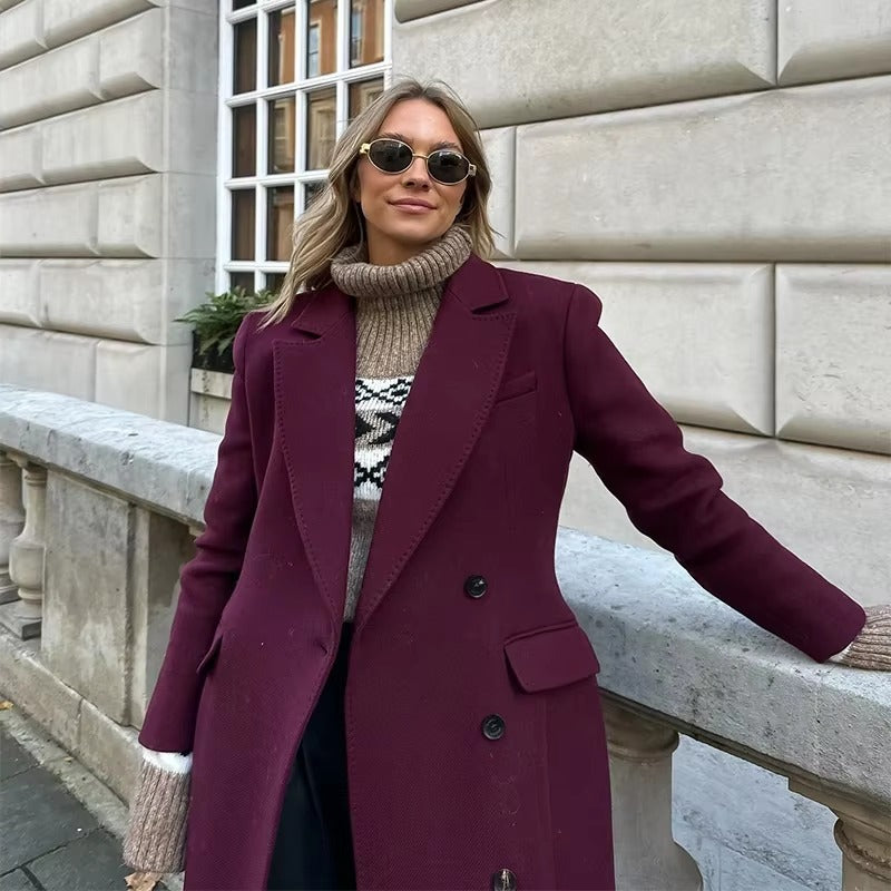 Elegant Button Full Sleeve Double Breasted Coats With Scarf