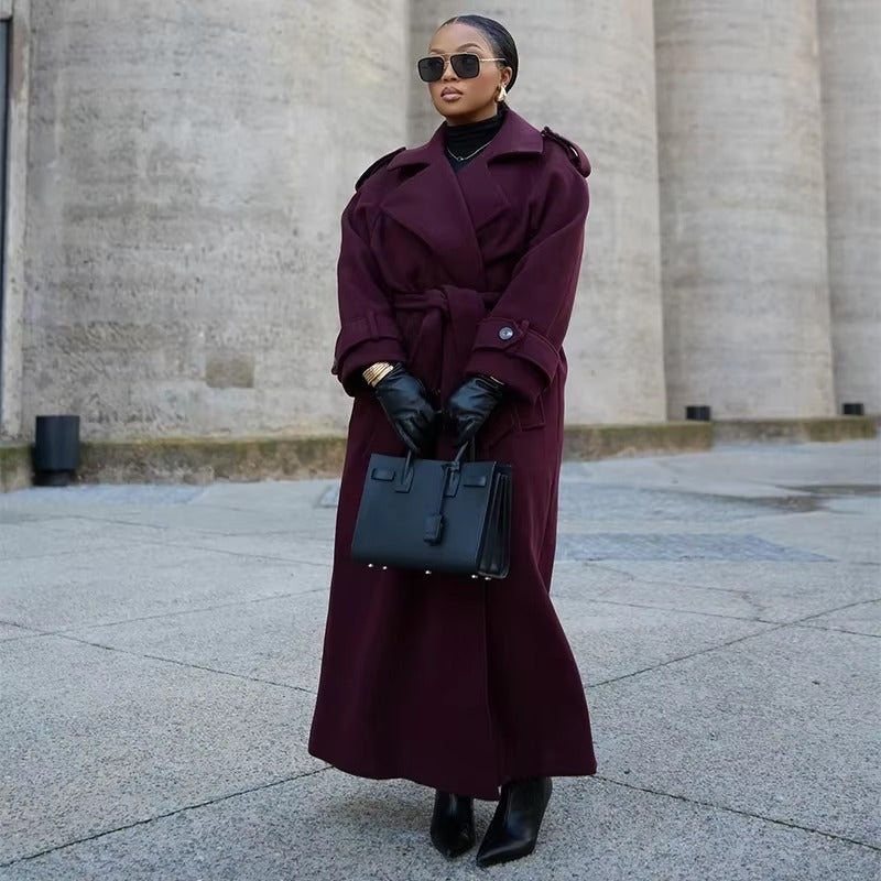 Elegant Button Full Sleeve Double Breasted Coats With Belt