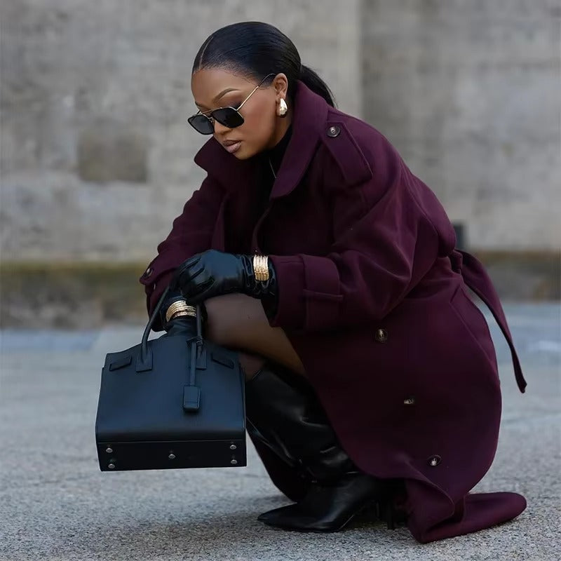 Elegant Button Full Sleeve Double Breasted Coats With Belt