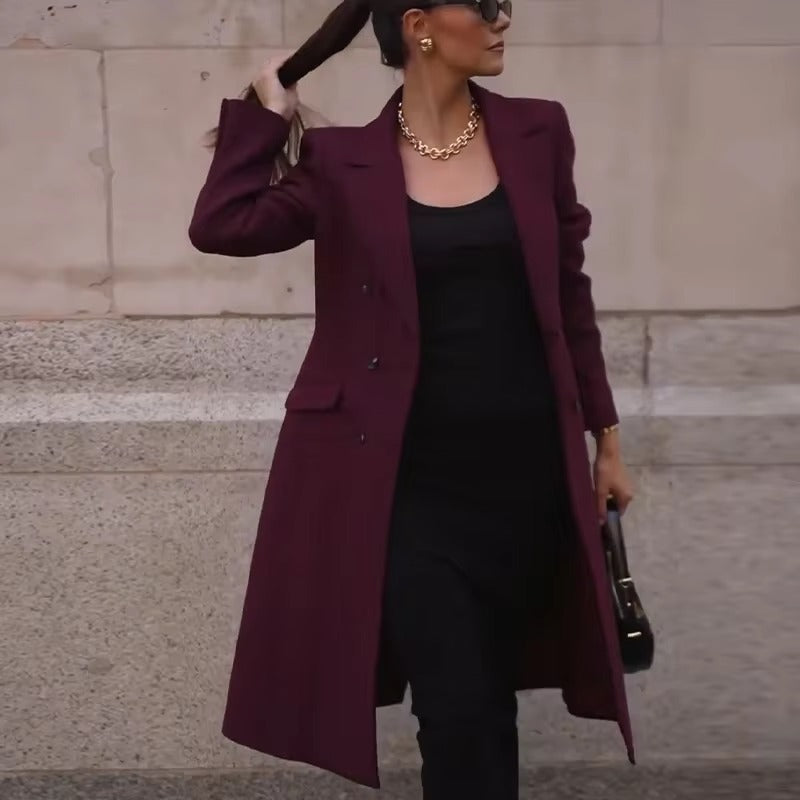 Elegant Button Full Sleeve Double Breasted Coats With Scarf