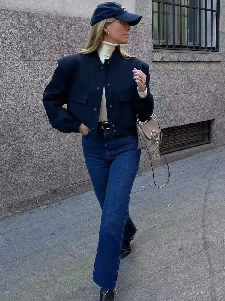 Elegant Button baseball aviator long sleeve crop outerwear cropped jackets