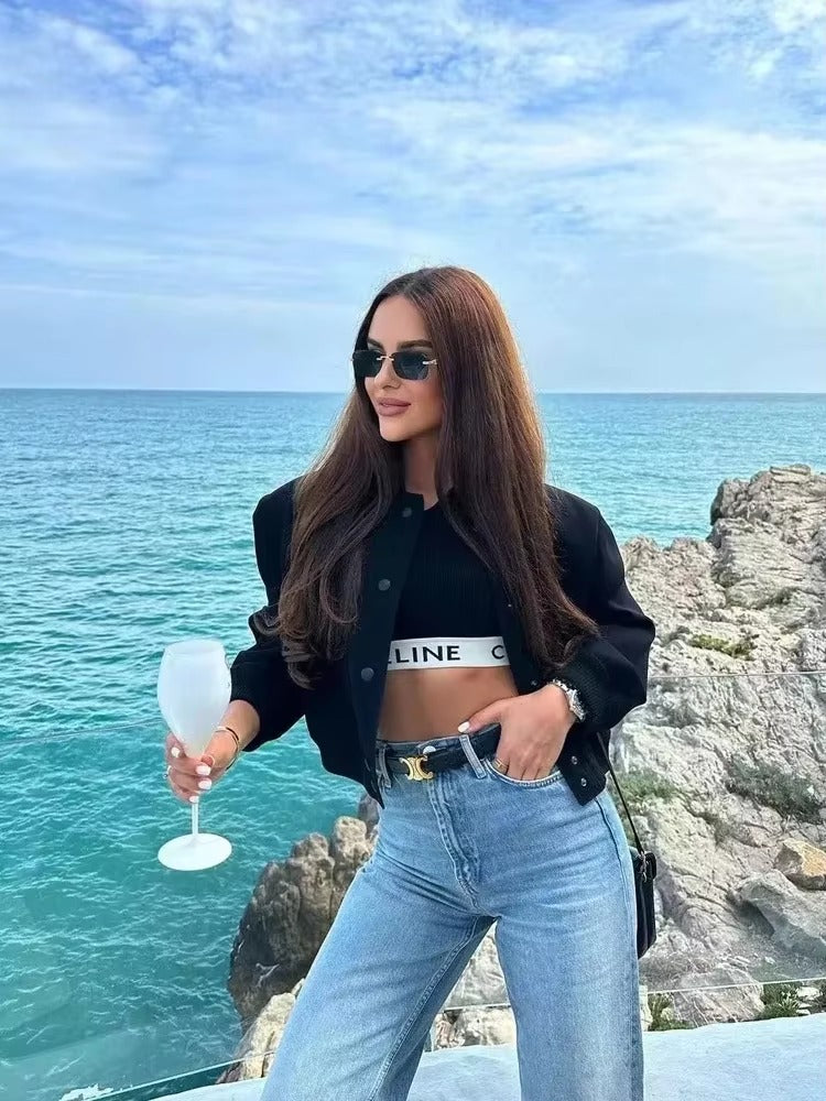 Elegant Button baseball aviator long sleeve crop outerwear cropped jackets