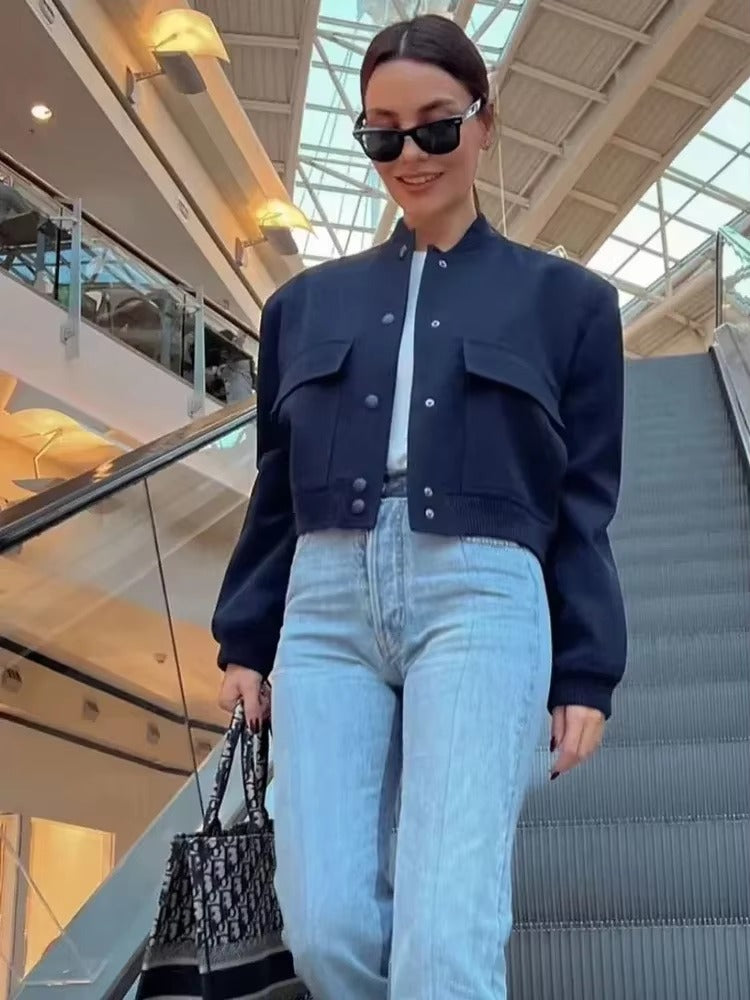 Elegant Button baseball aviator long sleeve crop outerwear cropped jackets