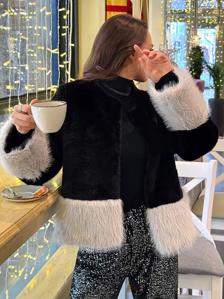 Elegant Color-Blocked Imitation Fox Fur Slim Short Mink Coat