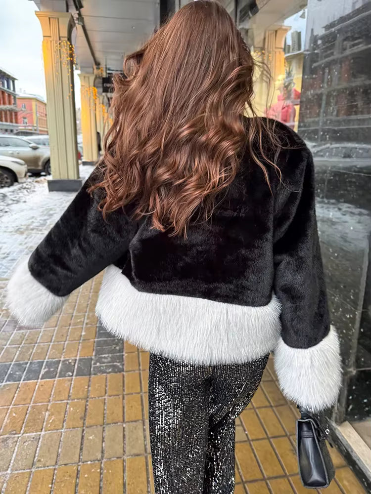 Elegant Color-Blocked Imitation Fox Fur Slim Short Mink Coat