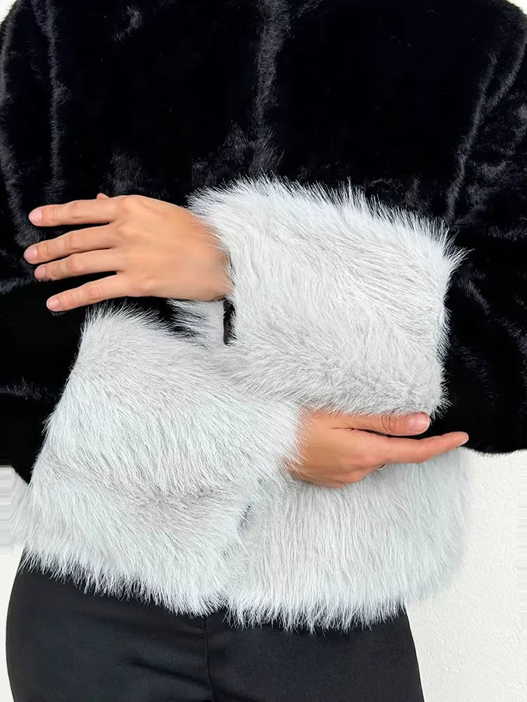 Elegant Color-Blocked Imitation Fox Fur Slim Short Mink Coat