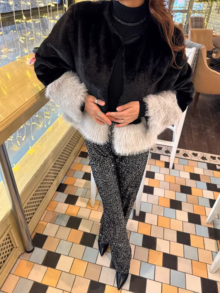 Elegant Color-Blocked Imitation Fox Fur Slim Short Mink Coat