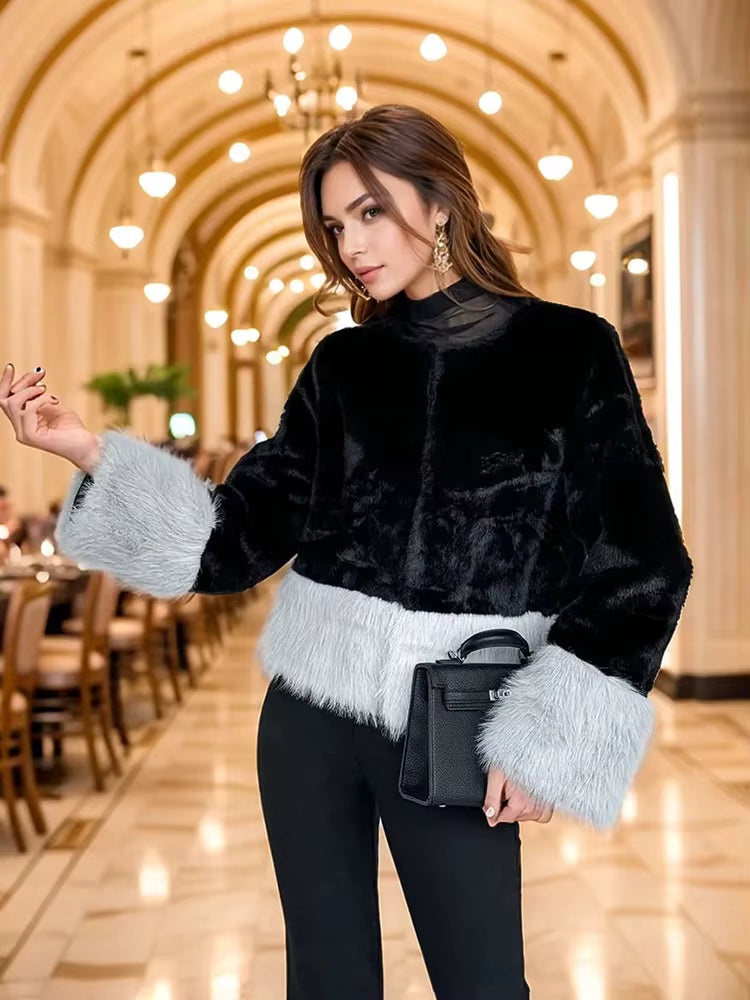 Elegant Color-Blocked Imitation Fox Fur Slim Short Mink Coat