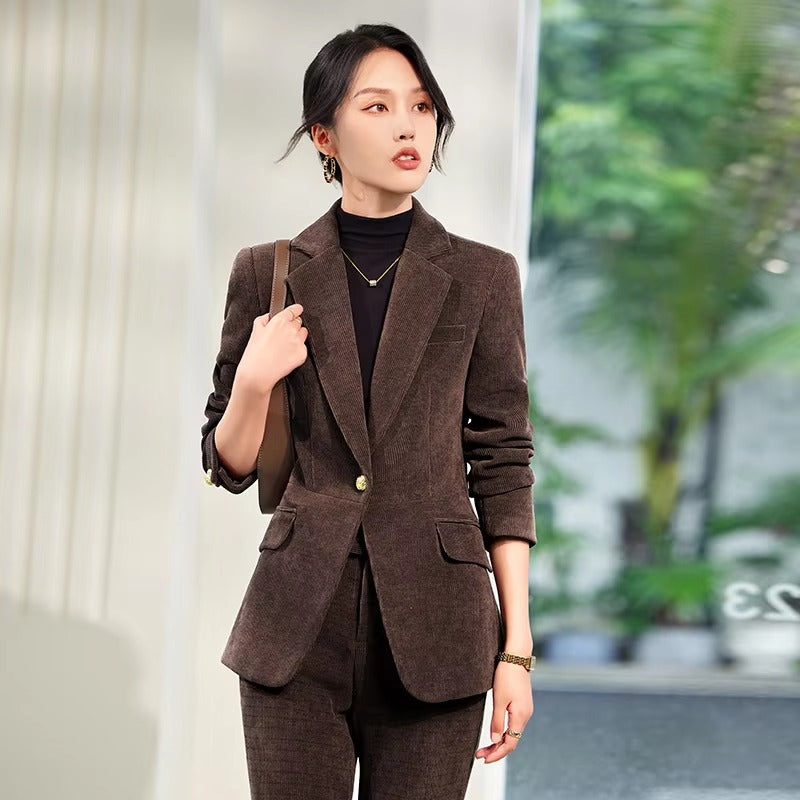Elegant Corduroy Single Button Formal Business Work Wear 2 Piece Pant Suit