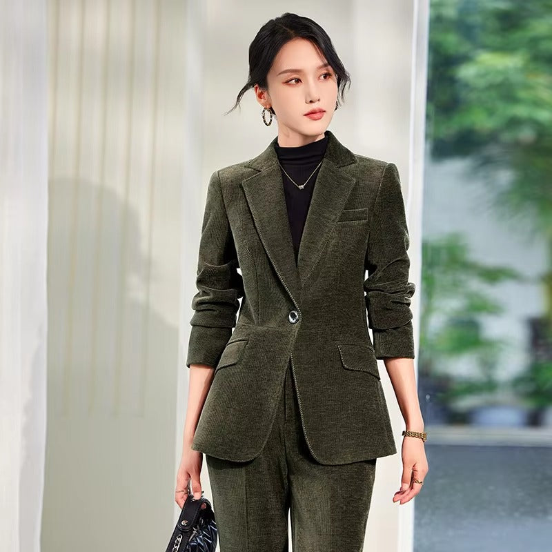 Elegant Corduroy Single Button Formal Business Work Wear 2 Piece Pant Suit