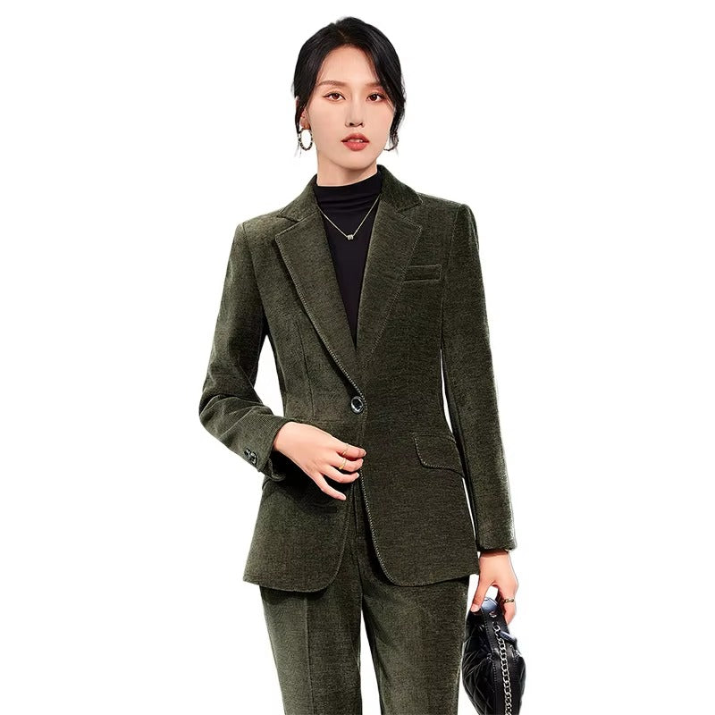 Elegant Corduroy Single Button Formal Business Work Wear 2 Piece Pant Suit