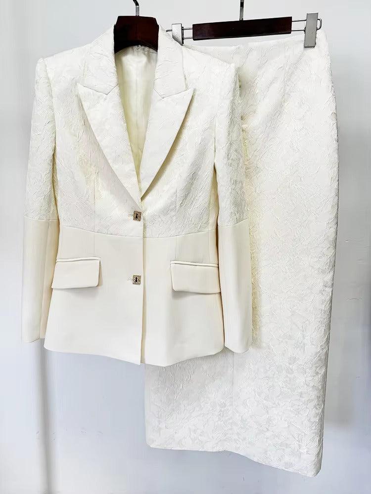Elegant Designer Patchwork Blazer Long Skirt 2 Piece Set