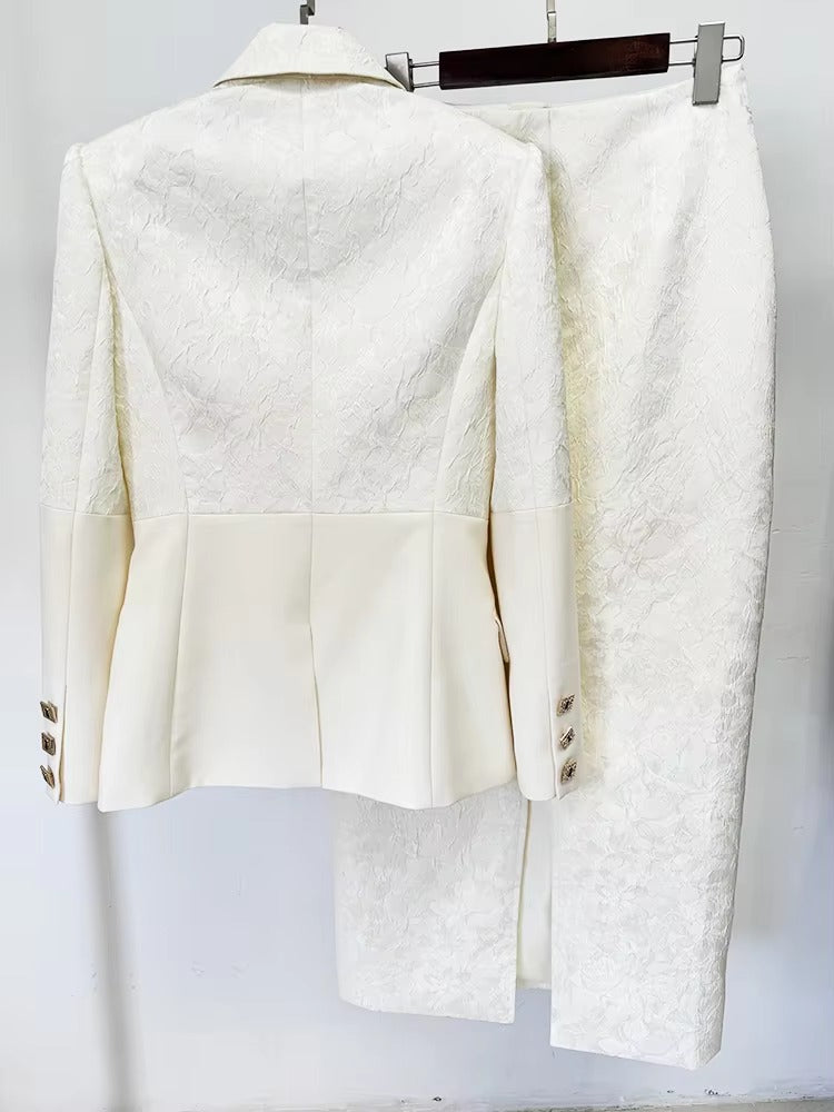 Elegant Designer Patchwork Blazer Long Skirt 2 Piece Set