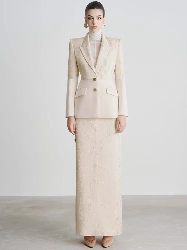 Elegant Designer Patchwork Blazer Long Skirt 2 Piece Set