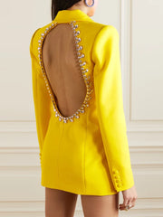 Elegant Designer Rhinestone Diamonds Beaded Backless Long Blazer