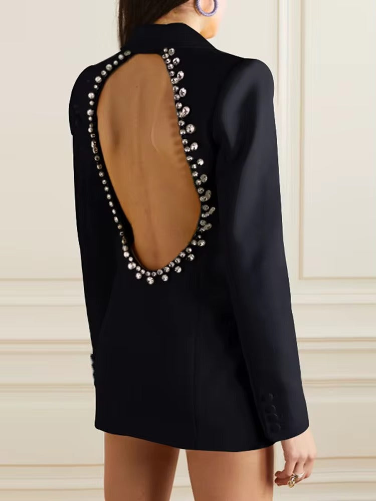 Elegant Designer Rhinestone Diamonds Beaded Backless Long Blazer