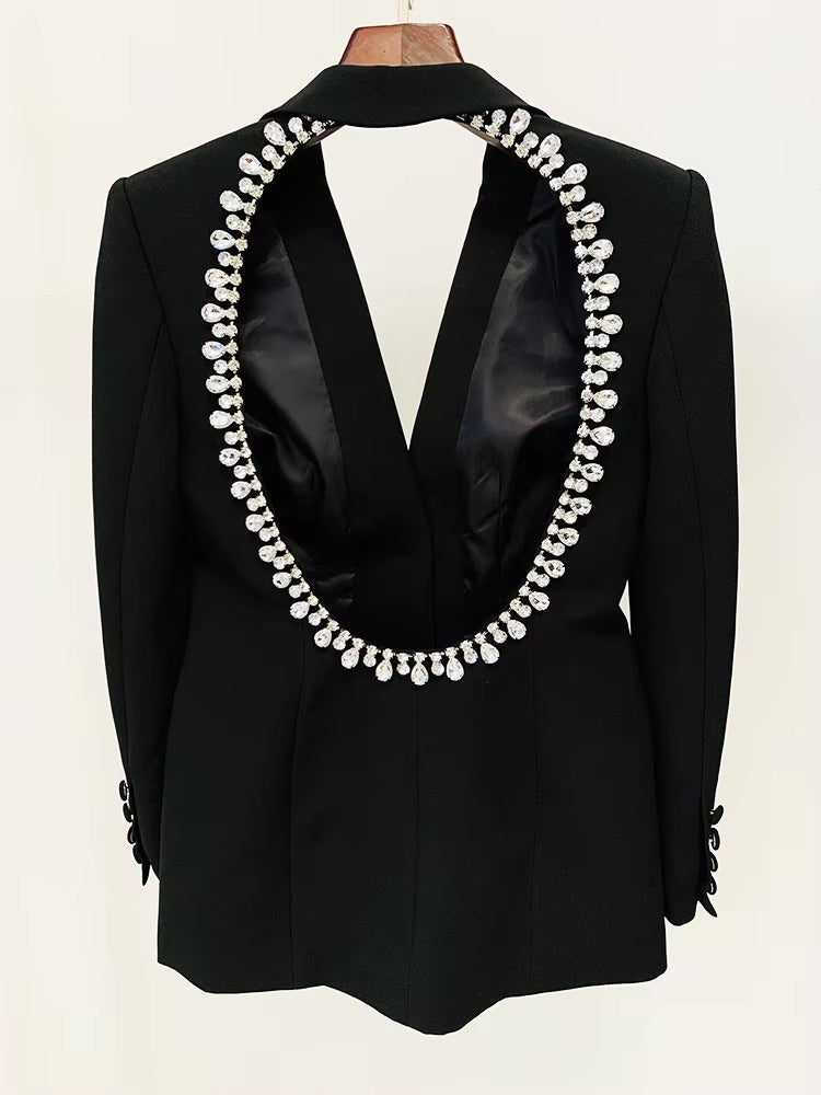 Elegant Designer Rhinestone Diamonds Beaded Backless Long Blazer