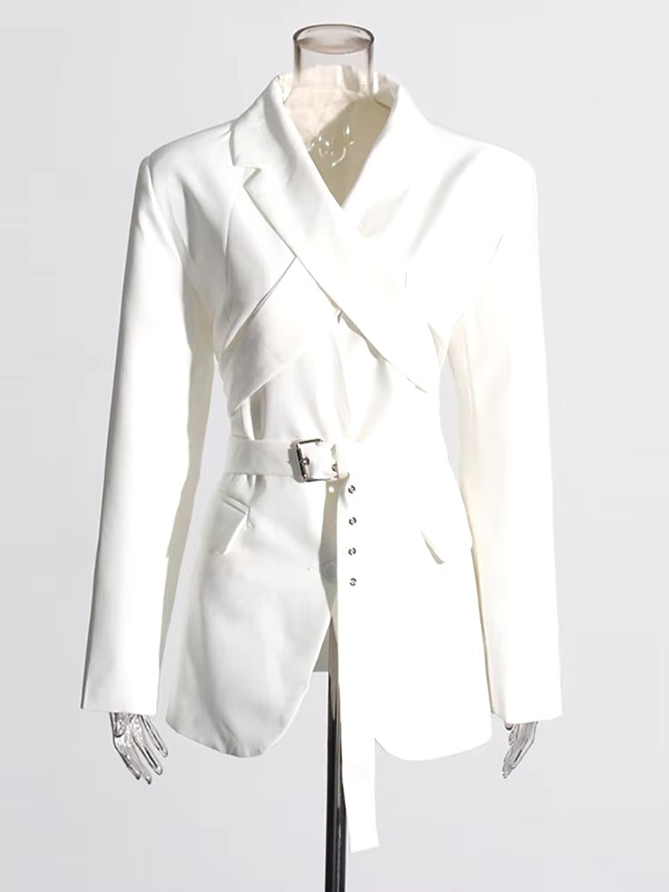 Elegant Designer Spliced Belt O Neck Hollow Out Long Sleeve Blazer