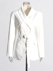 Elegant Designer Spliced Belt O Neck Hollow Out Long Sleeve Blazer