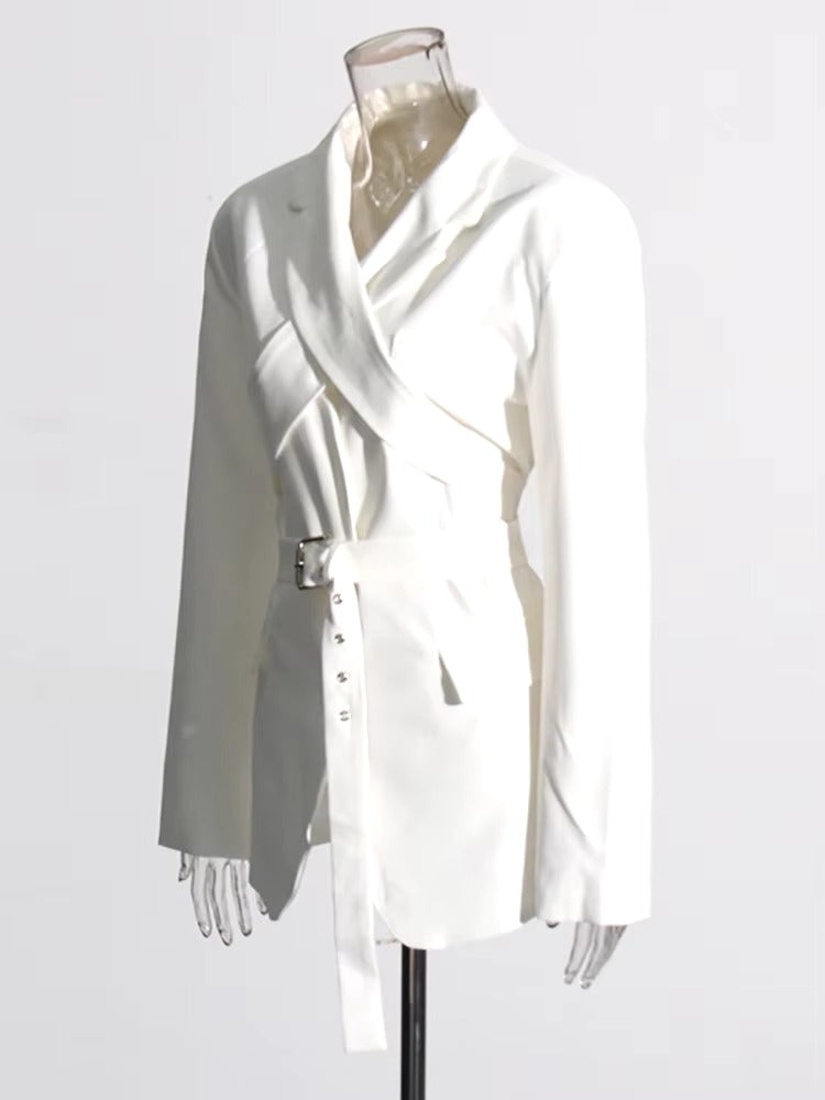 Elegant Designer Spliced Belt O Neck Hollow Out Long Sleeve Blazer