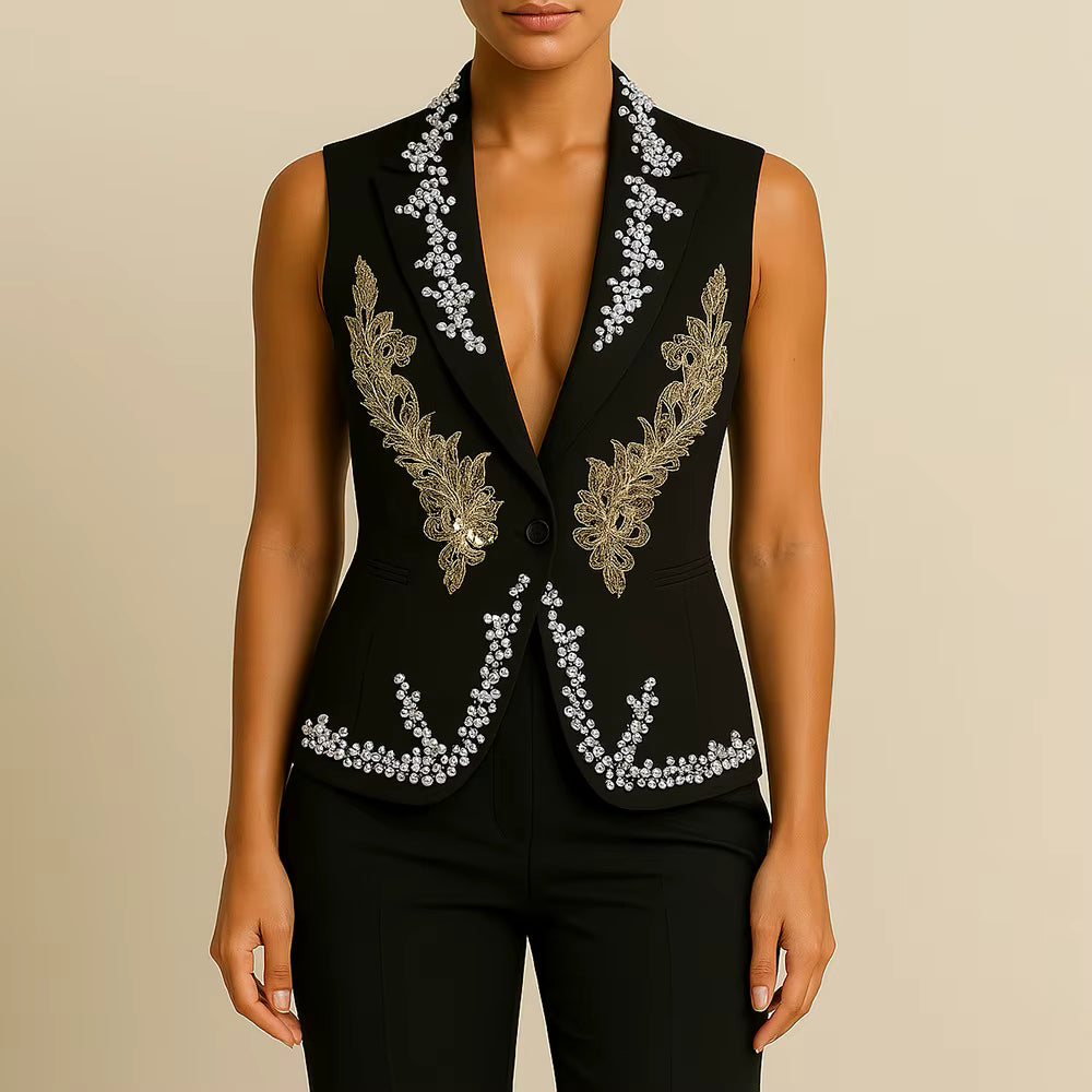 Elegant Diamonds V Neck Sleeveless Tunic Temperament Slimm Vests Jackets