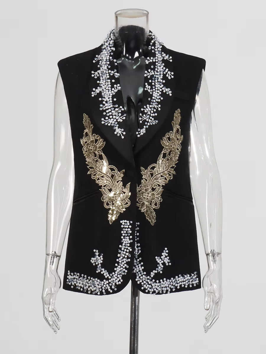 Elegant Diamonds V Neck Sleeveless Tunic Temperament Slimm Vests Jackets