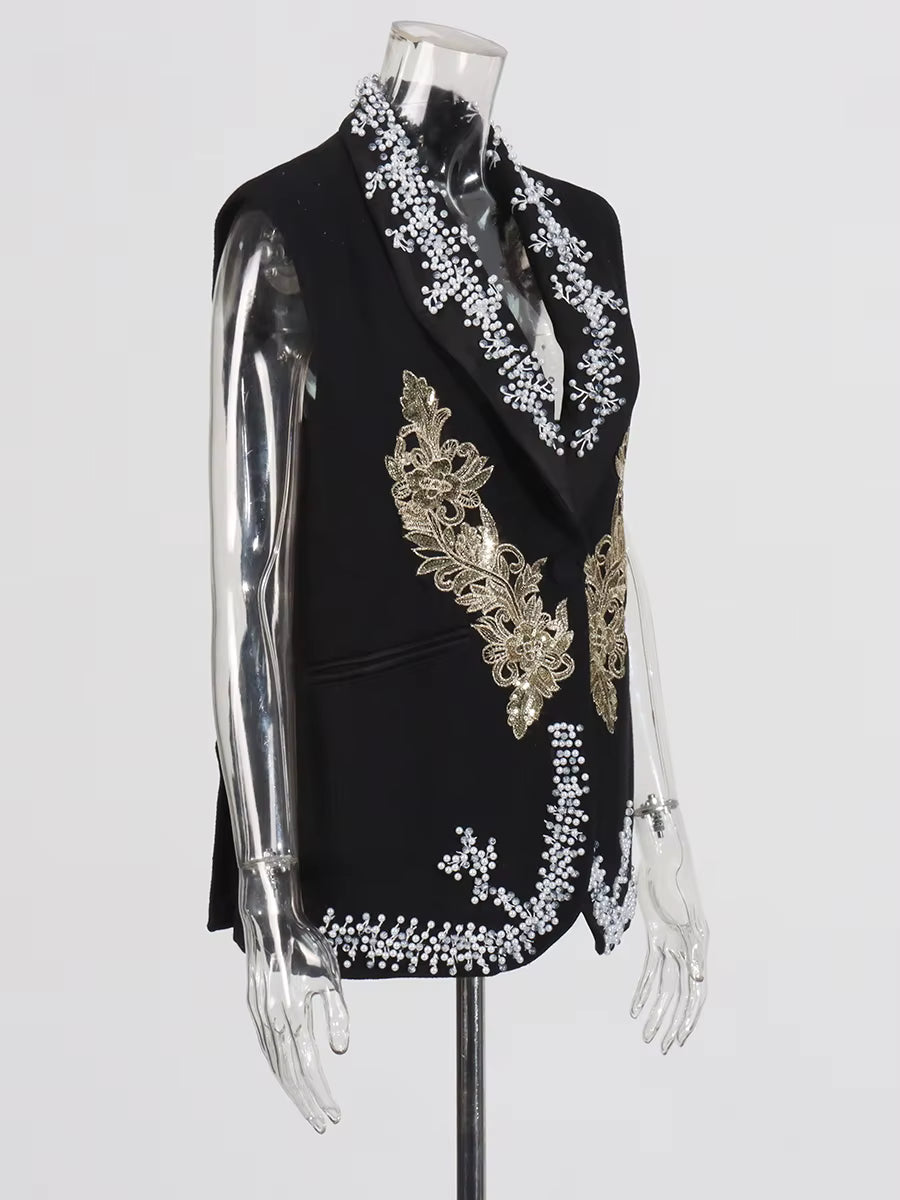 Elegant Diamonds V Neck Sleeveless Tunic Temperament Slimm Vests Jackets