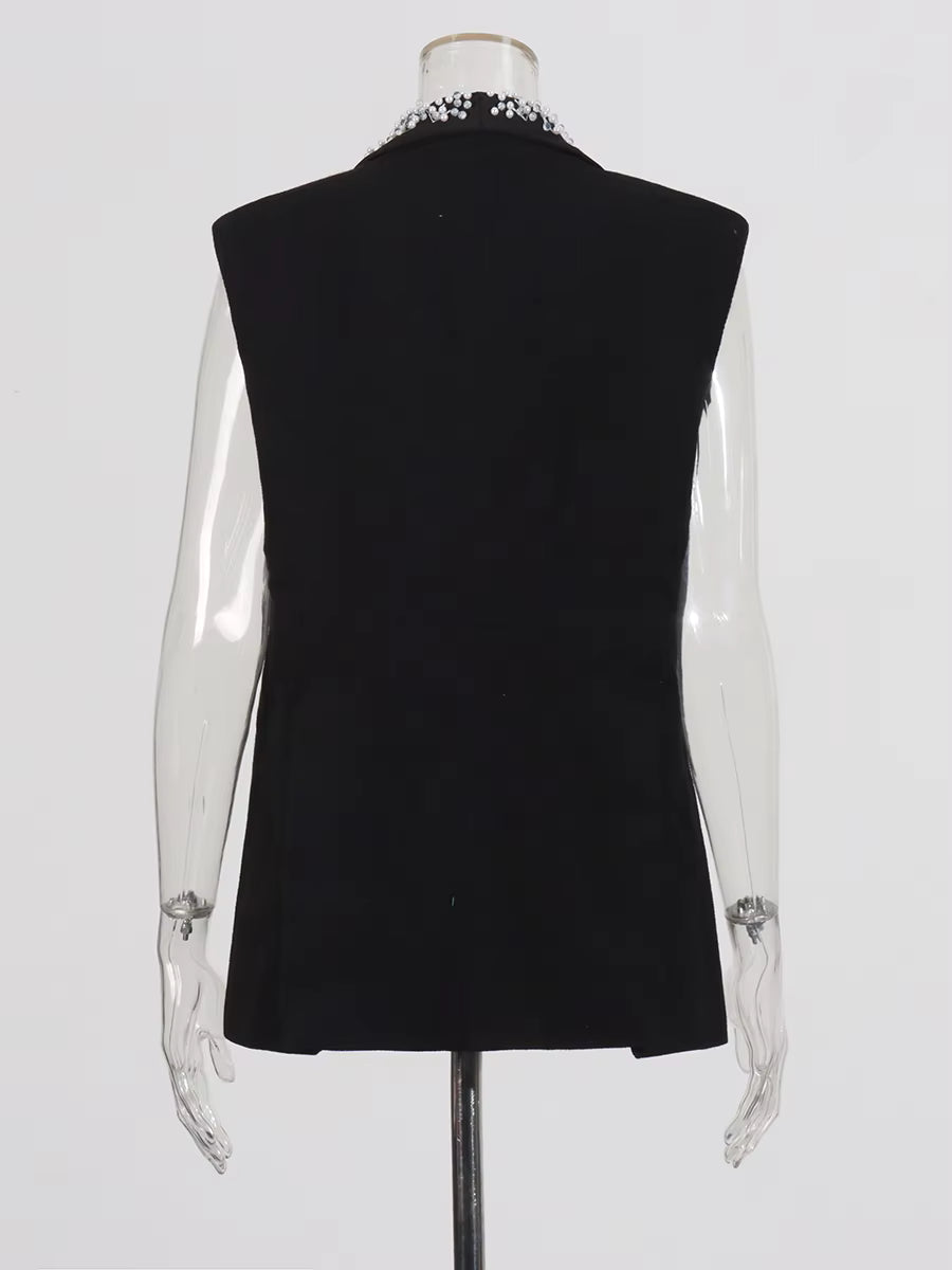 Elegant Diamonds V Neck Sleeveless Tunic Temperament Slimm Vests Jackets