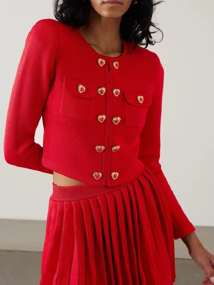 Elegant Double-Breasted Jacket Pleated Skirt 2-Piece Suit