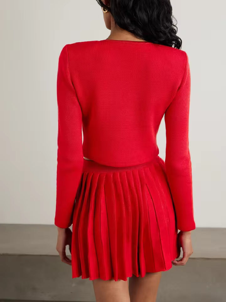 Elegant Double-Breasted Jacket Pleated Skirt 2-Piece Suit