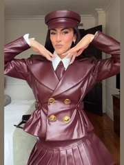 Elegant Double Breasted Leather Lapel Chic Slim Jacket Mini Skirts Set