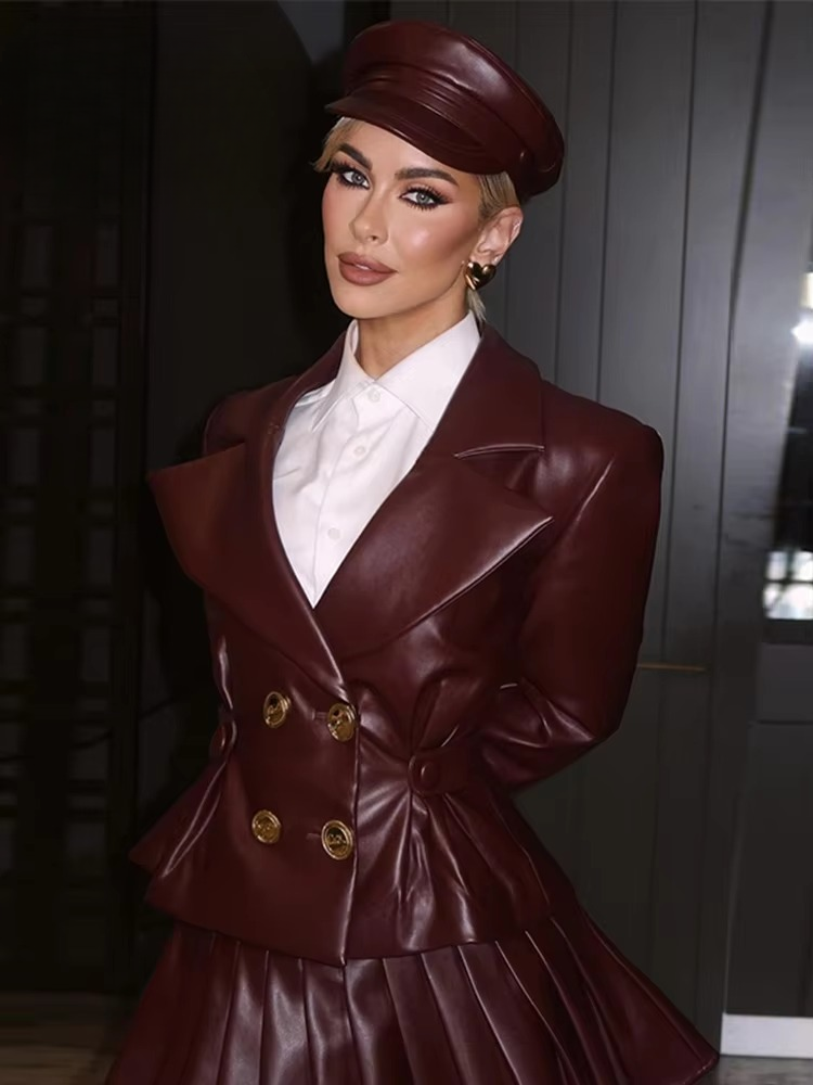 Elegant Double Breasted Leather Lapel Chic Slim Jacket Mini Skirts Set