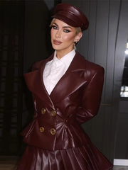 Elegant Double Breasted Leather Lapel Chic Slim Jacket Mini Skirts Set