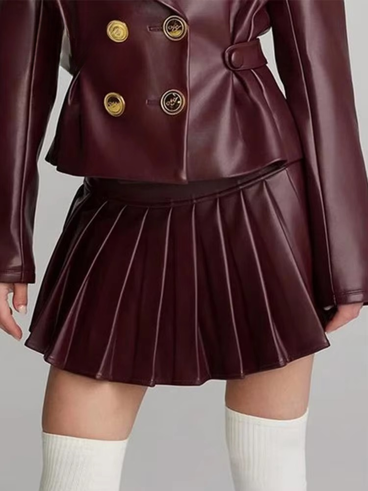 Elegant Double Breasted Leather Lapel Chic Slim Jacket Mini Skirts Set