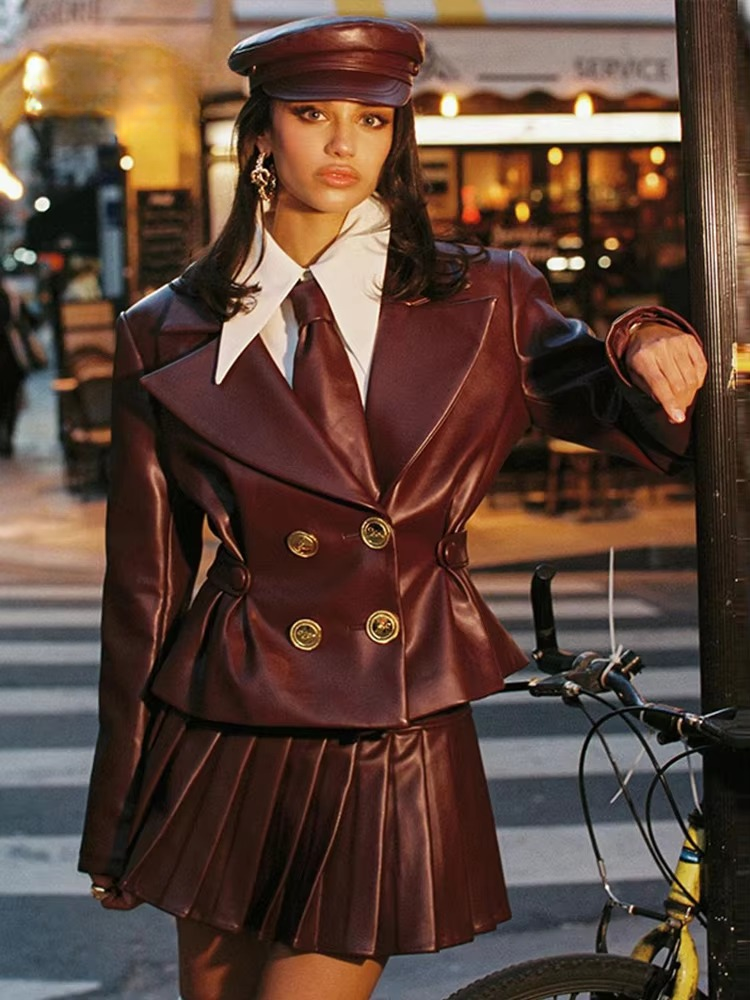 Elegant Double Breasted Leather Lapel Chic Slim Jacket Mini Skirts Set