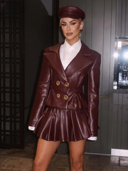 Elegant Double Breasted Leather Lapel Chic Slim Jacket Mini Skirts Set